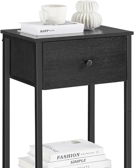 VASAGLE Nightstand, Side Table with Fabric Drawer, 24-Inch Tall End Table with Storage Shelf, Black ULGS021B21 - LeafyLoom