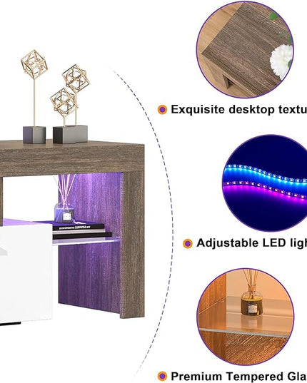 Clikuutory Modern LED TV Stand with Large Storage Drawer for up to 75 Inch TVs, Brown and White Doors, Wood Farmhouse TV Console with Glossy Entertainment Center for Living Room, Bedroom - LeafyLoom