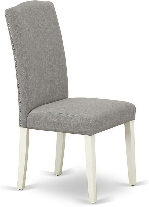 East West Furniture SUEN5-LWH-06 5 Piece Kitchen Table Set for 4 Includes a Round Dining Table with Dropleaf & Shelves and 4 Dark Shitake Linen Fabric Parsons Chairs, 42x42 Inch, Linen White - LeafyLoom