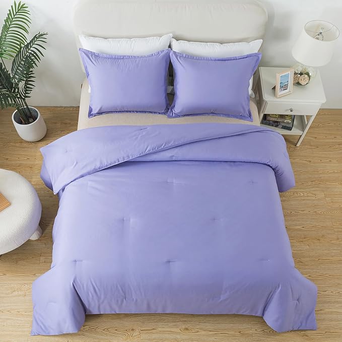 Queen Lavender Purple Comforter Set, Solid Luxury Skin-friendly Boho Bedding Set & Collections, Breathable Fluffy Microfiber 3 PCS (90"x90") Comforter Set for All Seasons with Pillowcases - LeafyLoom