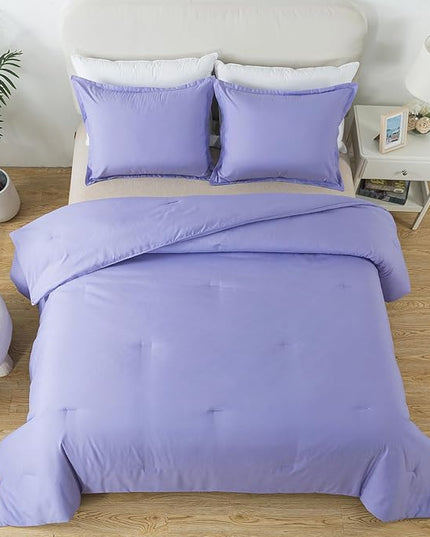 Full Size Lavender Purple Comforter Set, Solid Down Alternative Soft Boho Bedding Comforter Set, Breathable Fluffy Skin-Friendly Comforter for All Seasons with Pillowcases - LeafyLoom