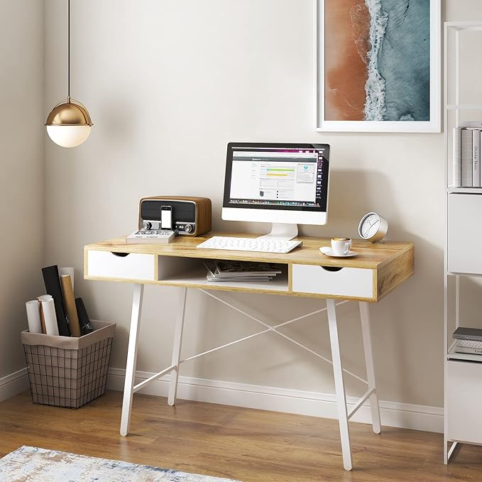 Need Computer Desk with Storage Desk Drawer Dressing Table,Writing Table Modern Desk with 2 Drawers, Makeup Vanity Table GCBG1019-ND, Oak - LeafyLoom