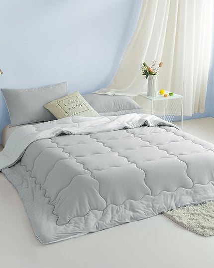 COTTEBED Ultra-Soft Reversible Comforter Set Twin Sized, Jersey Knit T-Shirt Feel Lightweight Cozy Bedding Blanket Quilt for Boy Kids Girl School College Dorm All Season(Twin/TwinXL Light Grey White) - LeafyLoom