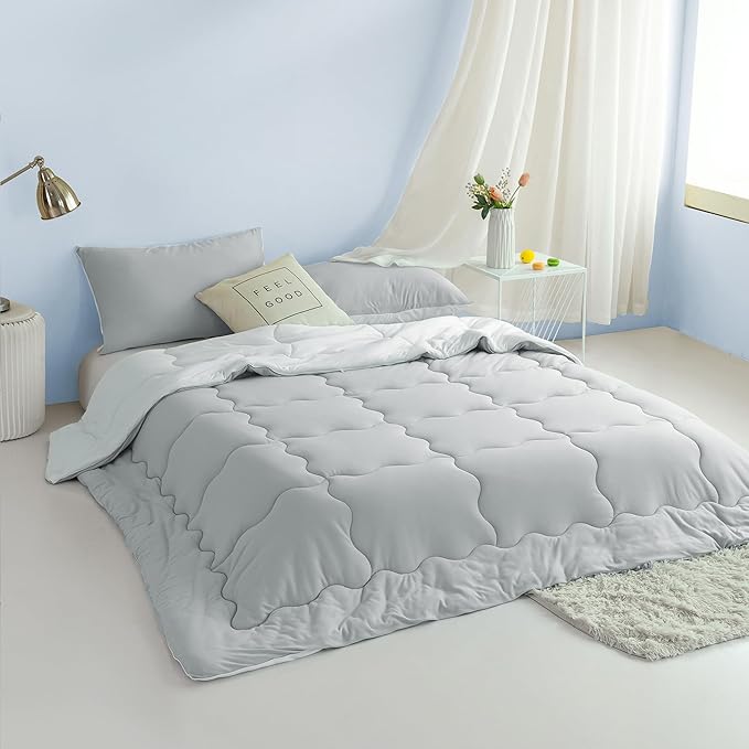 COTTEBED Reversible Comforter Sets KING Size Bed, Jersey Knit T-Shirt Feel Bedding Down Comforters Quilt & Pillowcase -Super Soft Cozy Lightweight All Season (Light Grey and White California Cal/King) - LeafyLoom