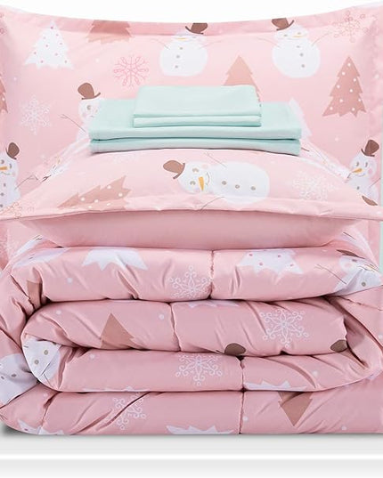 SLEEP ZONE Kids Twin Bedding Comforter Set - Super Cute & Soft Kids Bedding 5 Pieces Set with Comforter, Sheet, Pillowcase & Sham (Pink Snowman) - LeafyLoom