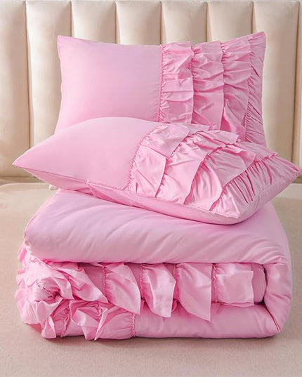 A Nice Night Waterfall Flutter Ruffle 3PCS Comforter Set,Chic Ruffled Textured Princess Bedding Set,DarkPink,Queen - LeafyLoom