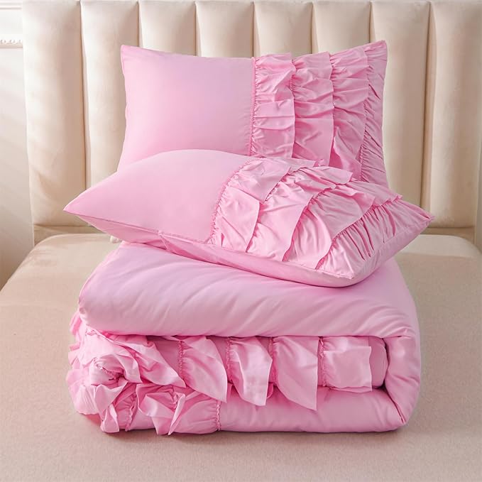 A Nice Night Waterfall Flutter Ruffle 3PCS Comforter Set,Chic Ruffled Textured Princess Bedding Set,DarkPink,Full - LeafyLoom