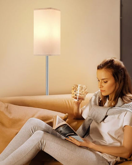 Ambimall Remote Control Floor Lamp, Stepless Dimmable, 64 Inches Tall, Include 9W Bulb, Standing Lamp for Living Room Bedroom Office (White & Sliver) - LeafyLoom