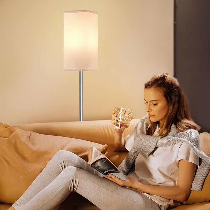 Ambimall Remote Control Floor Lamp, Stepless Dimmable, 64 Inches Tall, Include 9W Bulb, Standing Lamp for Living Room Bedroom Office (White & Sliver) - LeafyLoom