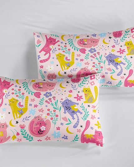 Floral Cat Comforter King Size,Pink Cat Comforter Set for Kids Teens Girls,3Pcs Bedding Set Printed Comforter with 2 Pillowcases,Down Alternative,Soft and Lightweight(Pink，King Size) - LeafyLoom