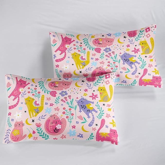 Floral Cat Comforter King Size,Pink Cat Comforter Set for Kids Teens Girls,3Pcs Bedding Set Printed Comforter with 2 Pillowcases,Down Alternative,Soft and Lightweight(Pink，King Size) - LeafyLoom