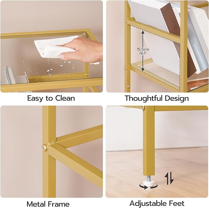 HOOBRO 3-Tier Bookcase, Tempered Glass Bookshelves, Record Storage Rack with Side Fence, Storage Shelves for Bathroom, Slim Shelving Unit for for Living Room, Home Office, Gold GD81CJ01 - LeafyLoom