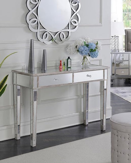 Convenience Concepts Gold Coast Mirrored Desk 42" - Console Table with 2 Drawers for Storage in Living Room, Office, Weathered White/Mirror - LeafyLoom