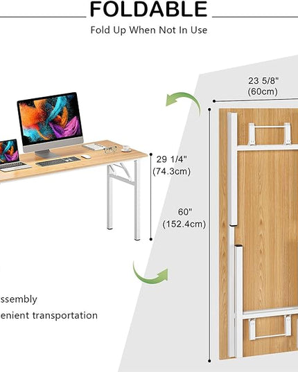 Need Home Office Desk Large Computer Desk 60 inch Sturdy Table Foldable Desk Gaming Computer Table No Assembly Required, Teak&White Frame AC5BW(152.4 * 60) - LeafyLoom