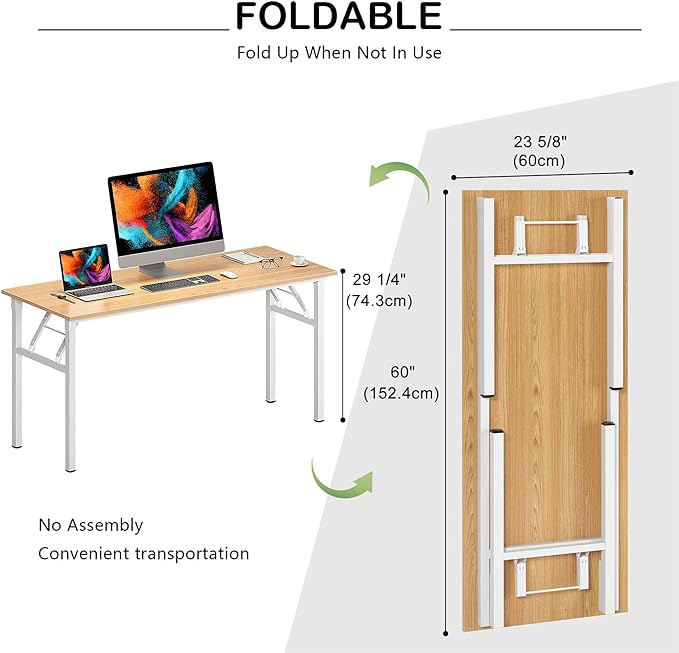 Need Home Office Desk Large Computer Desk 60 inch Sturdy Table Foldable Desk Gaming Computer Table No Assembly Required, Teak&White Frame AC5BW(152.4 * 60) - LeafyLoom