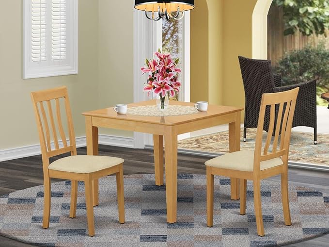 East West Furniture OXAN3-OAK-C Oxford 3 Piece Set for Small Spaces Contains a Square Dining Room Table and 2 Linen Fabric Upholstered Chairs, 36x36 Inch - LeafyLoom