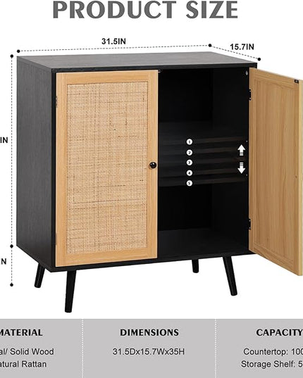Sideboard Buffet Cabinet,Accent Kithchen Storage Cabinet with Rattan Doors,Wood Cupboard Console Table with Adjustable Shelves for Living Room, Black - LeafyLoom