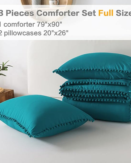 Litanika Comforter Full Size Set Turquoise,3 Pieces Turquoise Boho Pom Pom Lightweight Bed Comforter Full,All Season Soft Solid Color Bedding Comforter Sets (1 Comforter 79x90 Inch, 2 Pillowcases) - LeafyLoom