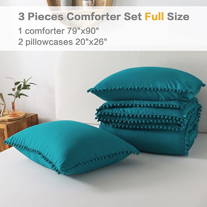 Litanika Comforter Full Size Set Turquoise,3 Pieces Turquoise Boho Pom Pom Lightweight Bed Comforter Full,All Season Soft Solid Color Bedding Comforter Sets (1 Comforter 79x90 Inch, 2 Pillowcases) - LeafyLoom