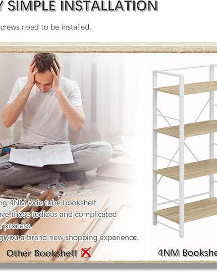 4NM Bookshelf 4 Tier Industrial Bookcase Home Office Adjustable Bookshelves Storage Shelves Organizer Vintage Book Shelf Display Rack for Living Room, Bedroom,Home - Natural - LeafyLoom