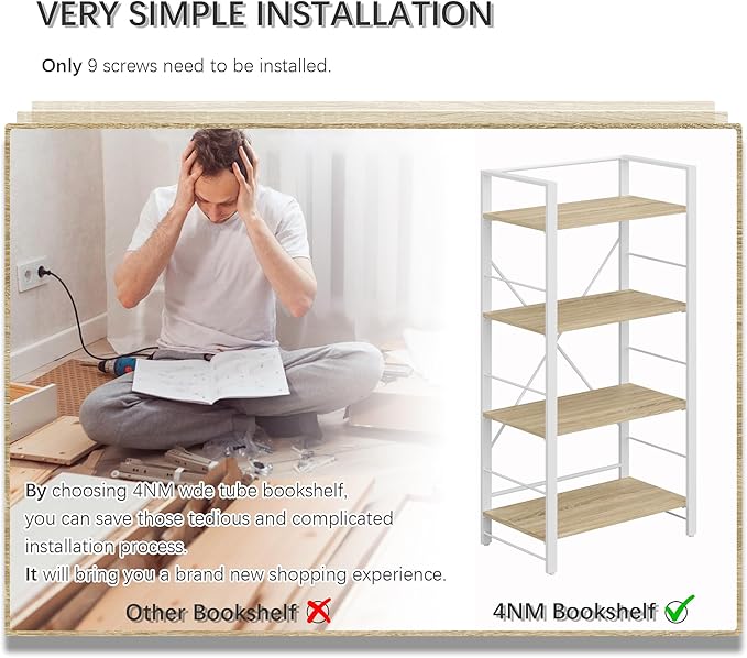 4NM Bookshelf 4 Tier Industrial Bookcase Home Office Adjustable Bookshelves Storage Shelves Organizer Vintage Book Shelf Display Rack for Living Room, Bedroom,Home - Natural - LeafyLoom