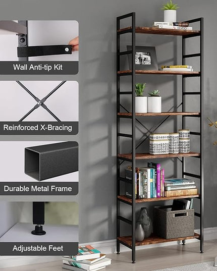 6 Tier Industrial Bookcase Shelf,Tall Bookshelf Industrial Corner Storage Organizer for Bedroom/Living Room/Home Office - Rustic Brown Modern Book Shelf for Books and Movies - LeafyLoom