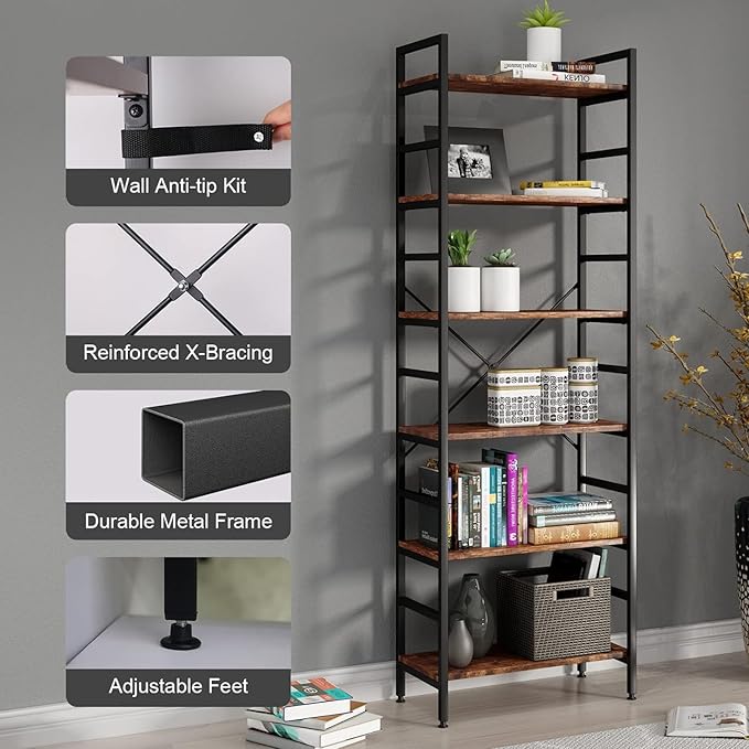 6 Tier Industrial Bookcase Shelf,Tall Bookshelf Industrial Corner Storage Organizer for Bedroom/Living Room/Home Office - Rustic Brown Modern Book Shelf for Books and Movies - LeafyLoom