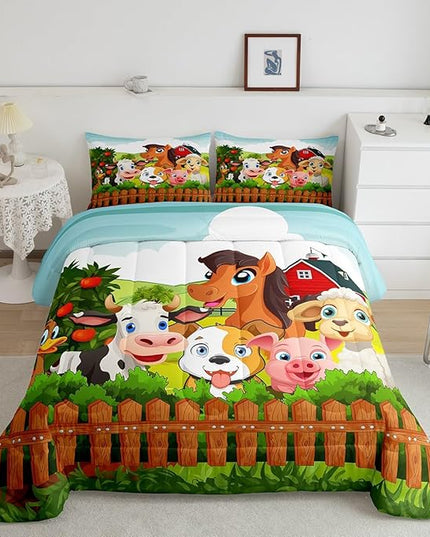 Kids Cartoon Comforter Set Toddler Cute Farm Animals Comforter Cattle Sheep Pigs Dogs Horses Bedding Set for Boys Girls Children Farmhouse Duvet Set Ultra Soft Room Decor Queen Size Colorful Quilt Set - LeafyLoom