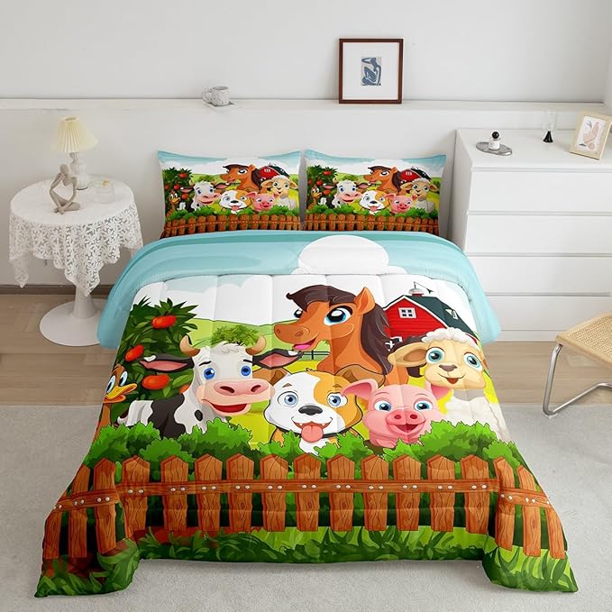 Kids Cartoon Comforter Set Toddler Cute Farm Animals Comforter Cattle Sheep Pigs Dogs Horses Bedding Set for Boys Girls Children Farmhouse Duvet Set Ultra Soft Room Decor Queen Size Colorful Quilt Set - LeafyLoom