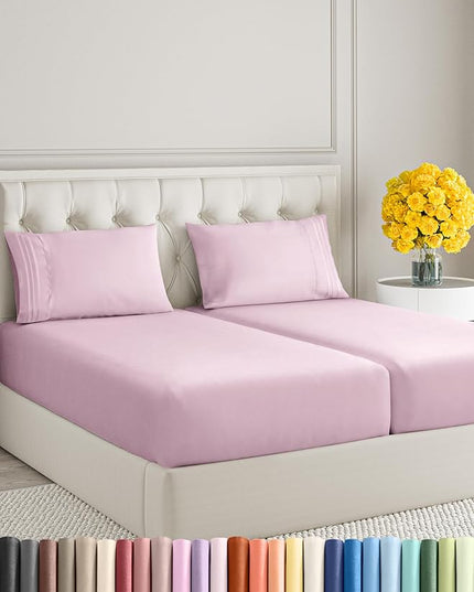 Split King Size 5 Piece Sheet Set - Comfy Breathable & Cooling Sheets - Hotel Luxury Bed Sheets for Women & Men - Deep Pockets, Easy-Fit, Soft & Wrinkle Free Sheets - Light Pink Oeko-Tex Bed Sheet Set - LeafyLoom
