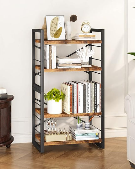 Bookshelf, 4 Tier Stackable Bookcase, Adjustable Industrial Book Shelf Storage Organizer for Desktop, Living Room, Bedroom, Office(Rustic Black and Brown) - LeafyLoom