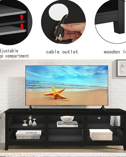 TV Stand for 75 inch TV with Storage,Modern TV Entertainment Center for Bedroom,TV Media Console Table with 6 Open Storage Shelve,63 inch Wood TV Cabinet Black - LeafyLoom