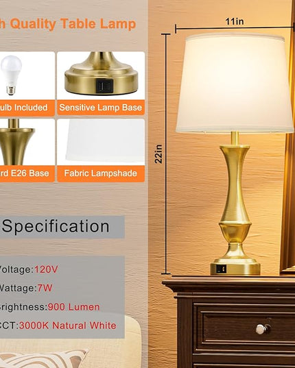 Touch Lamps for Bedrooms Set of 2 - Nightstand Table Lamp with USB C+A, 3 Way Dimmable Bedside Lamps for Living Room End Tables Set of 2, Farmhouse Night Stand Lamps(White&Gold) - LeafyLoom