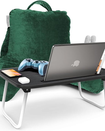 Clara Clark Reading Pillow with Portable Lap Desk Set for Kids, Back Pillow for Sitting Up in Bed, Memory Foam Back Support Pillow, Bed Rest Pillow with Foldable Laptop Desk, Small - Dark Green - LeafyLoom