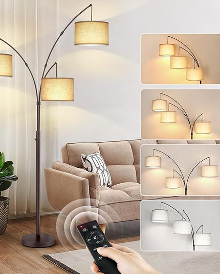 OUTON Floor Lamp with Remote Control, Modern Bright Lamps for Living Room, Adjustable 3-Light Tall Arched Lamp for Bedroom, Office, 2400lm Mid Century Design with Hanging Shade - LeafyLoom