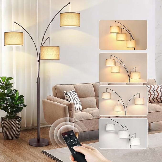 OUTON Floor Lamp with Remote Control, Modern Bright Lamps for Living Room, Adjustable 3-Light Tall Arched Lamp for Bedroom, Office, 2400lm Mid Century Design with Hanging Shade - LeafyLoom