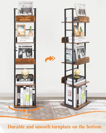 Bikoney Bookshelves 5-Tier, Rotating Bookshelf Tower for Corner, Small Bookcase, Tall Industrial Bookshelf, Narrow Bookshelf, Wood and Metal Black - LeafyLoom