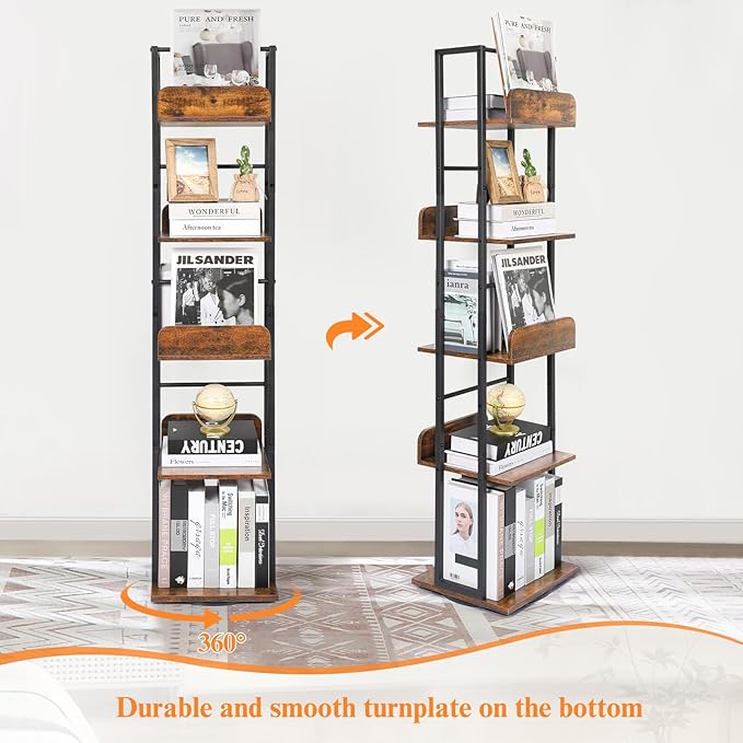 Bikoney Bookshelves 5-Tier, Rotating Bookshelf Tower for Corner, Small Bookcase, Tall Industrial Bookshelf, Narrow Bookshelf, Wood and Metal Black - LeafyLoom