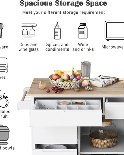 Kitchen Island on Lockable Wheels, Mobile Kitchens Cart with Rubber Wood Countertop, w/Drawer and Storage Cabinet for Dining Room, Bar - LeafyLoom