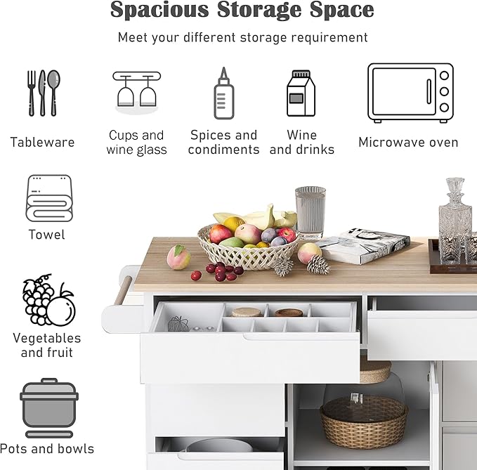 Kitchen Island on Lockable Wheels, Mobile Kitchens Cart with Rubber Wood Countertop, w/Drawer and Storage Cabinet for Dining Room, Bar - LeafyLoom