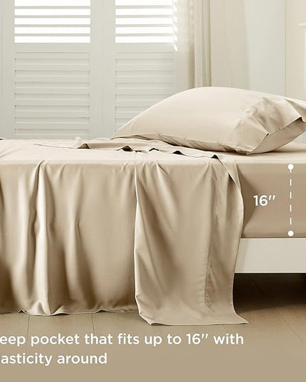 Bedsure Twin Sheets Set, Cooling Sheets Twin Size Bed Set, Rayon Derived from Bamboo, Twin Size Sheets, Breathable & Soft Bed Sheets, Hotel Luxury Silky Bedding Sheets & Pillowcases, Beige - LeafyLoom