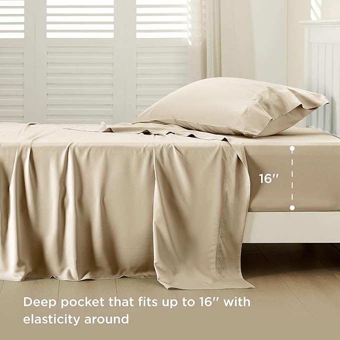 Bedsure Twin Sheets Set, Cooling Sheets Twin Size Bed Set, Rayon Derived from Bamboo, Twin Size Sheets, Breathable & Soft Bed Sheets, Hotel Luxury Silky Bedding Sheets & Pillowcases, Beige - LeafyLoom