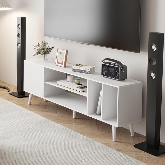 Yusong TV Stand for 55/65 inch TV, Mid Century Modern TV Console Table, Media Entertainment Center with Storage for Living Room Bedroom, Wood TV Cabinet, Oak White - LeafyLoom