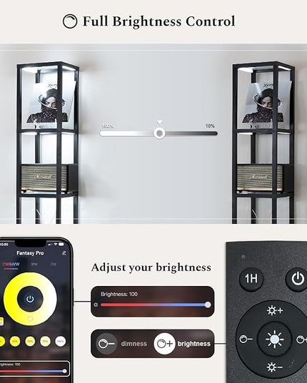 FENLO Fantasy Pro - 66" Glass Dimmable LED Floor Lamp with Shelves for Bedroom, Tempered Glass Display Shelf Lamp for Living Room, Open Display Stand for Business, Long Lasting LED, Unique Home Decor - LeafyLoom