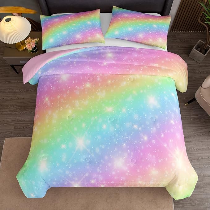 NINENINE Pink Rainbow Bedding Set Girls Bedding Set Queen for Teen Boys Women Soft Microfiber Stars Glitter Bedding Comforter Set -includes 1 Comforter with Matching Pillowcases - LeafyLoom