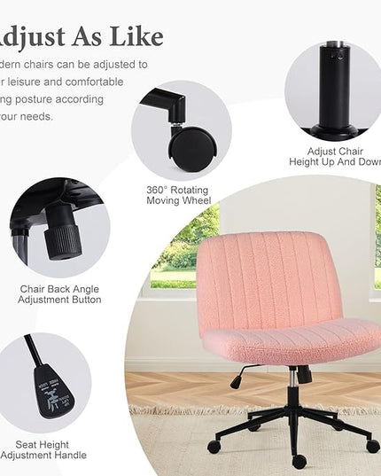 Sweetcrispy Criss Cross Chair Legged, Armless Office Desk Chair with Wheels, Swivel Vanity Chair, Height Adjustable Wide Seat Computer Task Chair, Fabric Vanity Modern Home Chair Pink - LeafyLoom