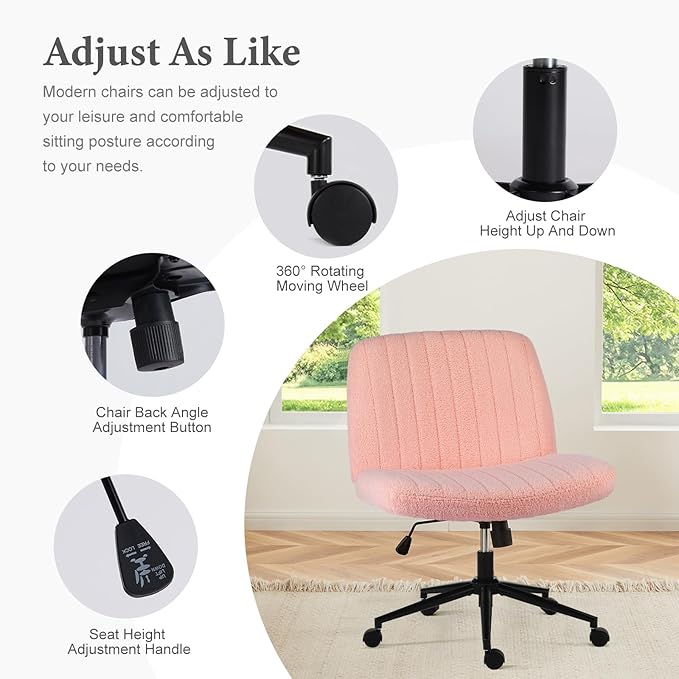 Sweetcrispy Criss Cross Chair Legged, Armless Office Desk Chair with Wheels, Swivel Vanity Chair, Height Adjustable Wide Seat Computer Task Chair, Fabric Vanity Modern Home Chair Pink - LeafyLoom