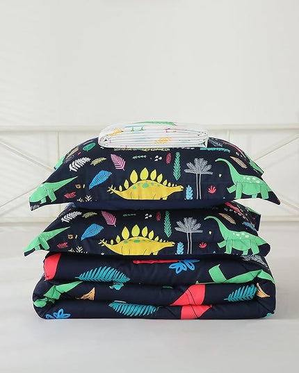 Kids Boys Dinosaur Comforter Set Full Size 7 Piece Bed in a Bag Colorful Dino Bedding Set for Child Teens (1 Comforter, 1 Flat Sheet, 1 Fitted Sheet, 2 Pillow Shams, 2 Pillowcases) - LeafyLoom