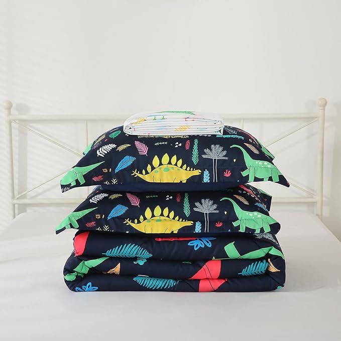 7 Piece Dinosaur Bedding Set Queen Size for Kids Boys Teens Cartoon Blue Dino Comforter Set with Sheet Colorful 3D Print Bed in a Bag - LeafyLoom