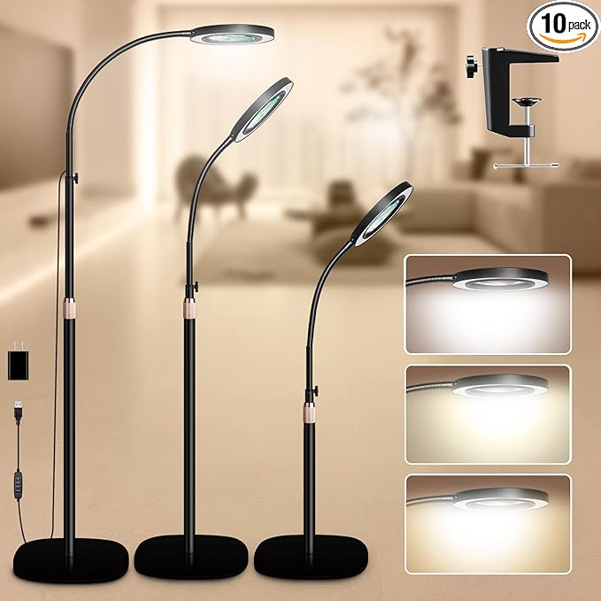 HITTI 10X&15X Floor Magnifying Glass with Light, Flexible Gooseneck Magnifying Floor Lamp, 3 Color Modes Stepless Dimmable LED Lighted Magnifier Stand for Close Work Jewellery Esthetican-Black - LeafyLoom